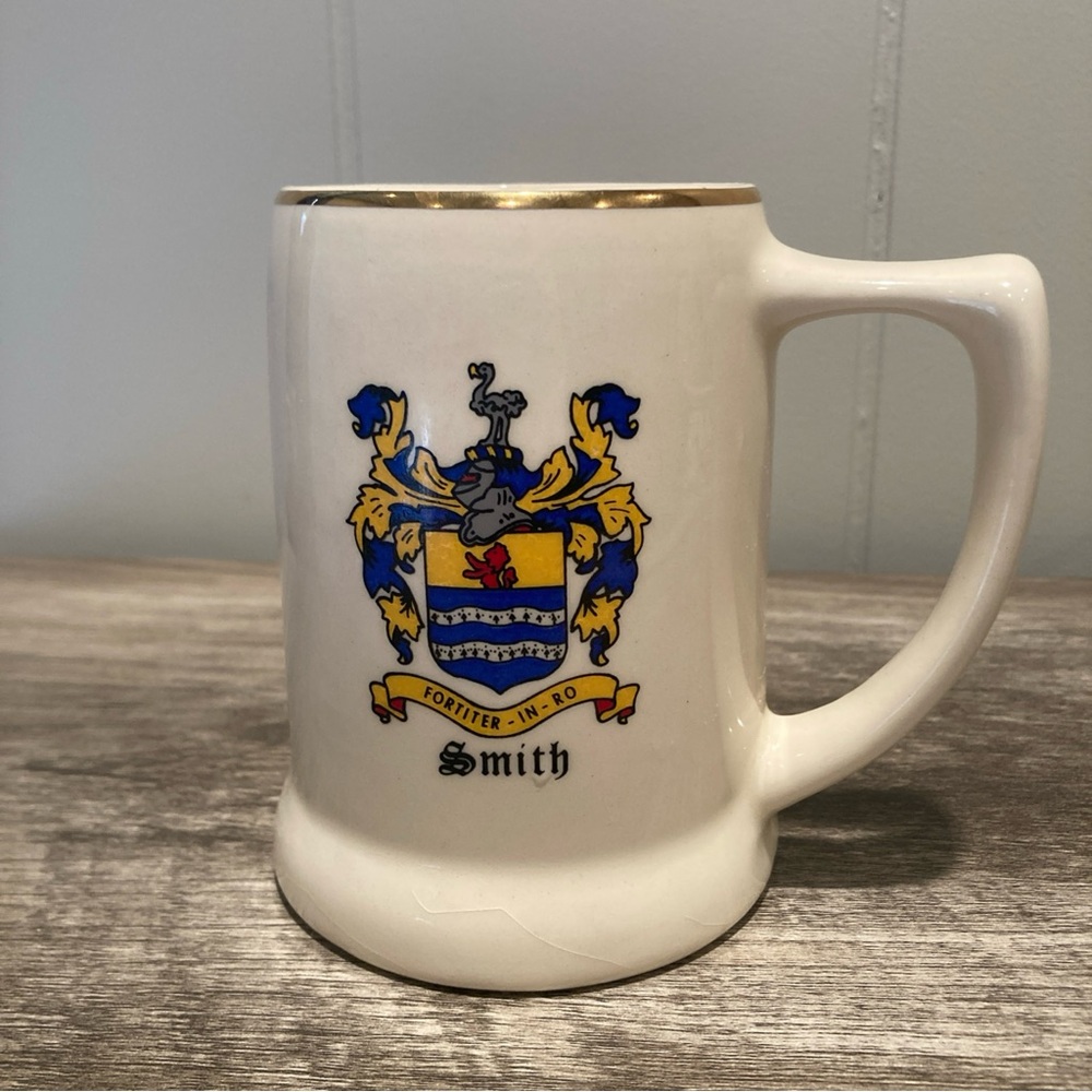 Source Unknown White Ceramic Mug with Blue and Gold Crest